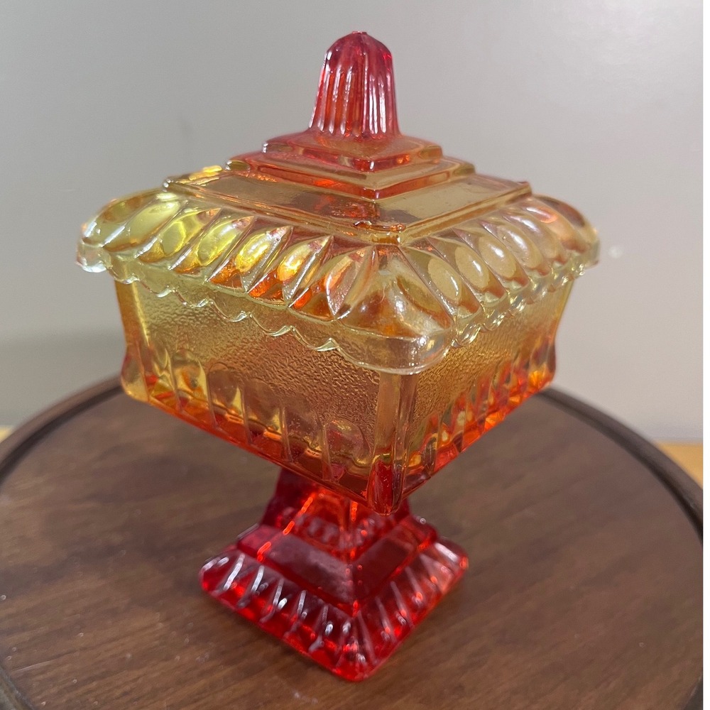 Vtg Jeanette Amberina Glass Wedding Cake Box Dish Flashed Red Orange Square 6.5"